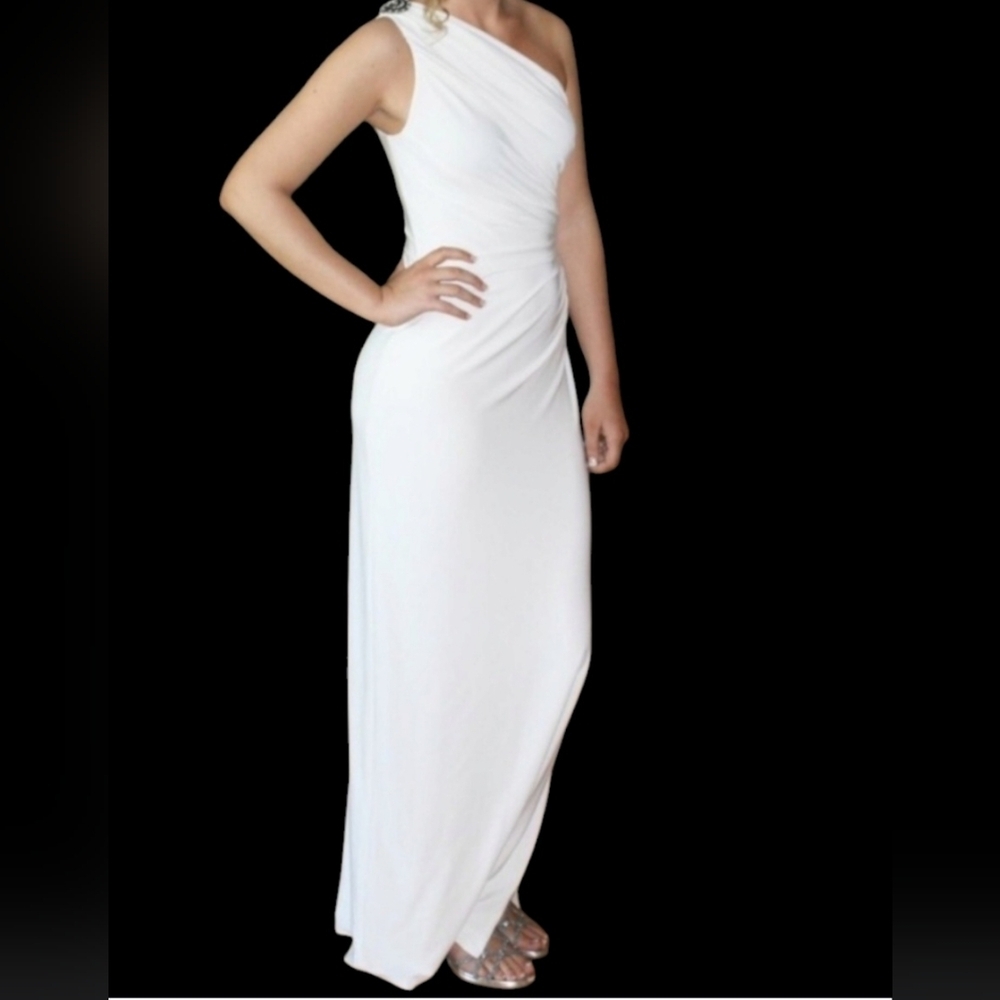 Ralph Lauren White One Shoulder Evening Gown Long Grecian Maxi Dress 12 Wedding
